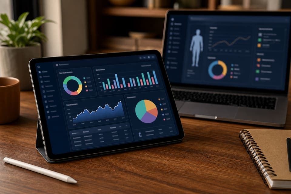 Digital nutrition calculator with macro charts and clinical analysis on tablet and laptop