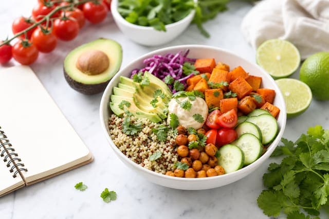 Fresh healthy recipe with colorful whole-food ingredients