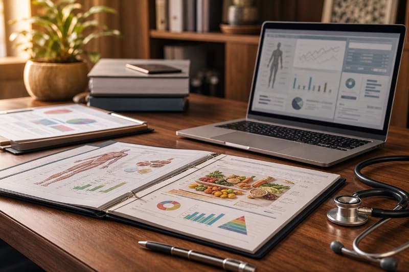 Medical binder, nutrition charts, laptop dashboard, and stethoscope on a clinical desk